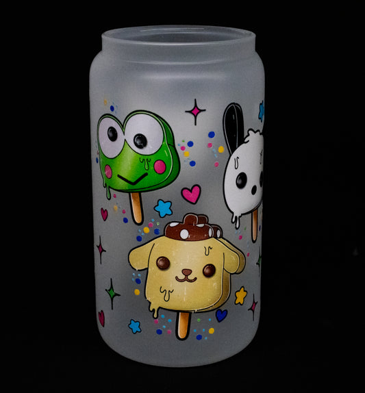 Hello Kitty Characters - Melting Popsicles - 16 oz Frosted Glass Iced Coffee Cup w/ Bamboo lid