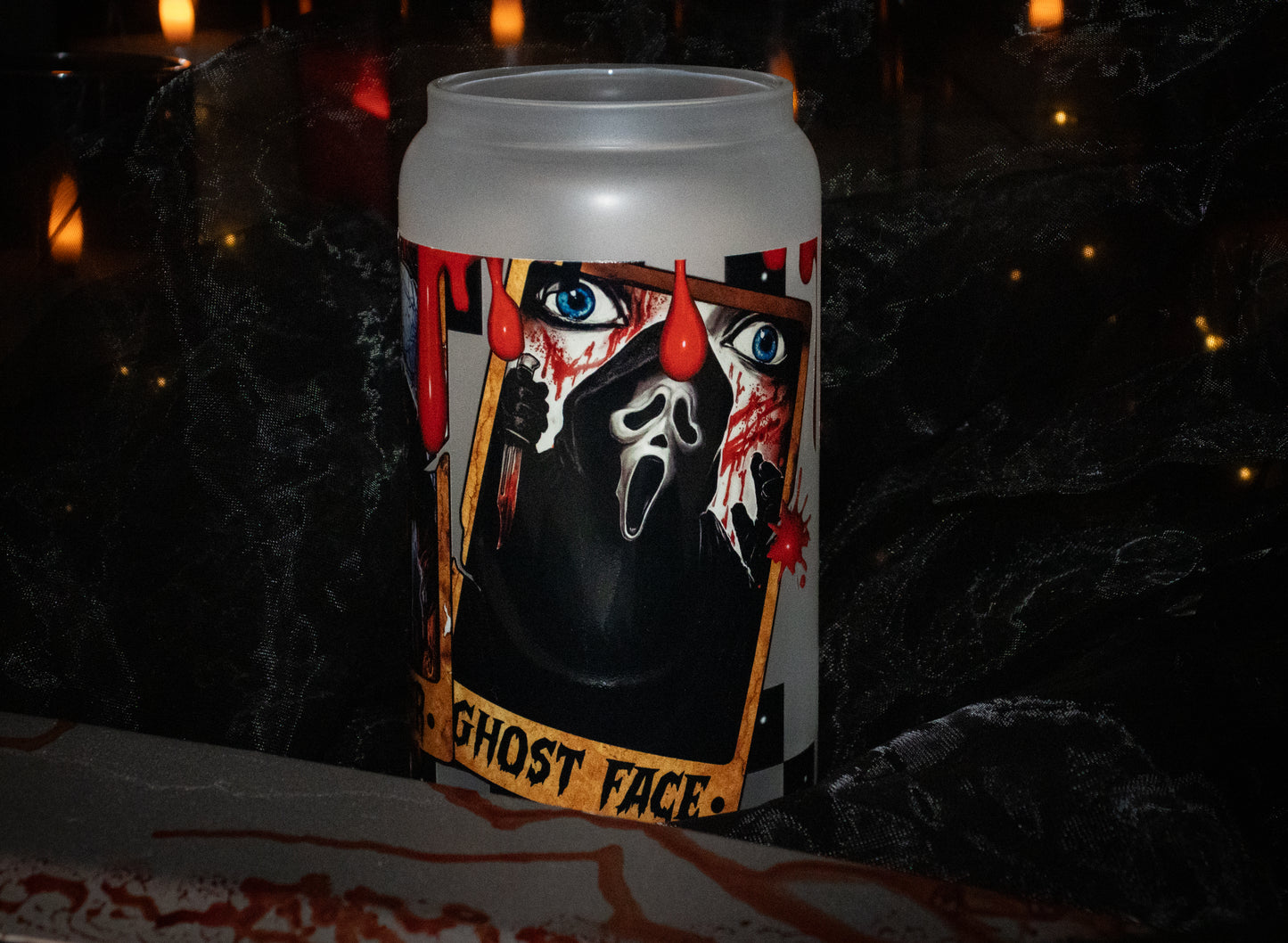 3 Tarot Horror - Blood Drip - Full Color - 16 oz Frosted Glass Iced Coffee Cup w/ Bamboo lid