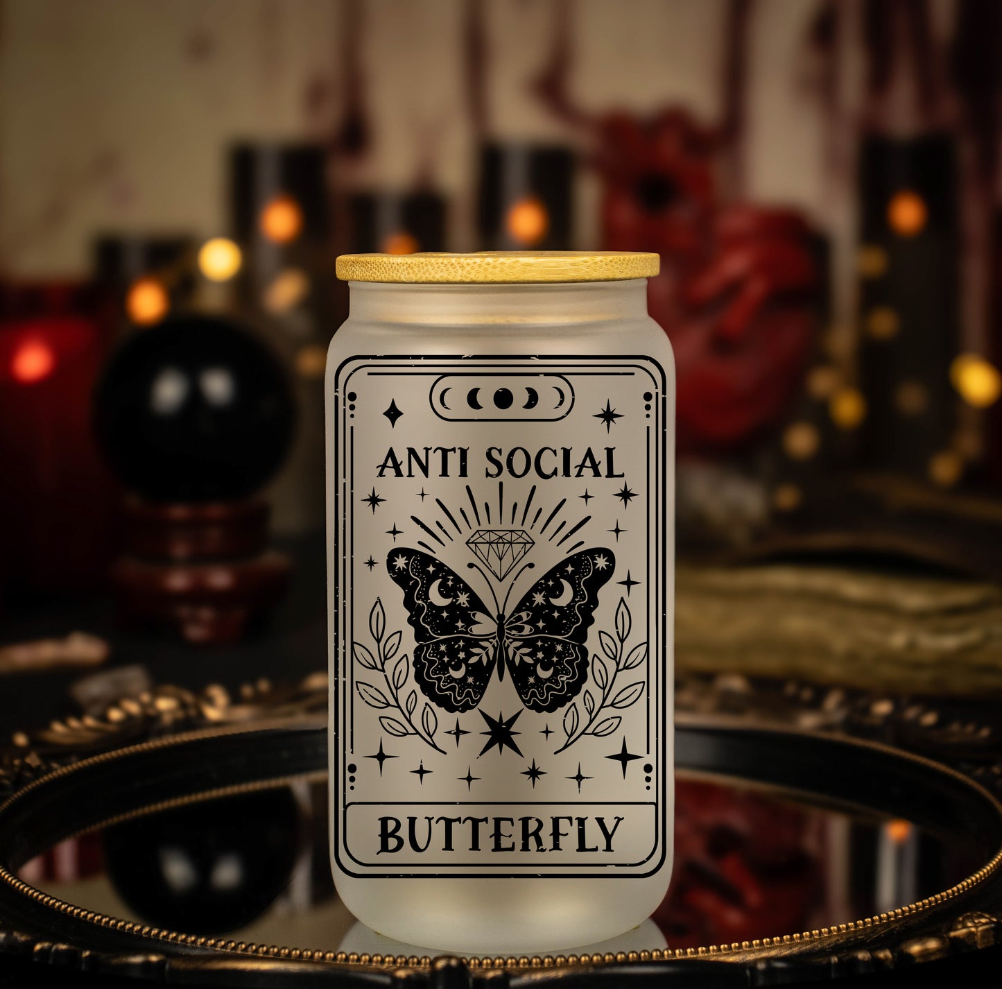 'The Anti-Social Butterfly' Black Lined Skeleton Tarot Card - 16 oz Frosted Glass Iced Coffee Cup w/ Bamboo lid