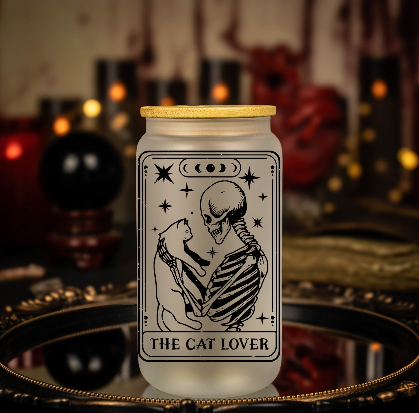 'The Cat Lover' Black Lined Skeleton Tarot Card - 16 oz Frosted Glass Iced Coffee Cup w/ Bamboo lid