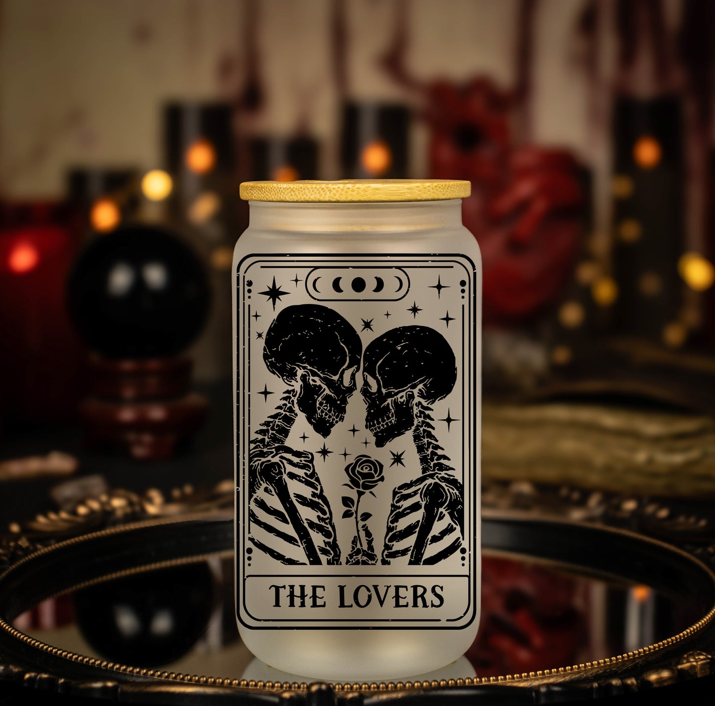 'The Lovers' Black Lined Skeleton Tarot Card - 16 oz Frosted Glass Iced Coffee Cup w/ Bamboo lid