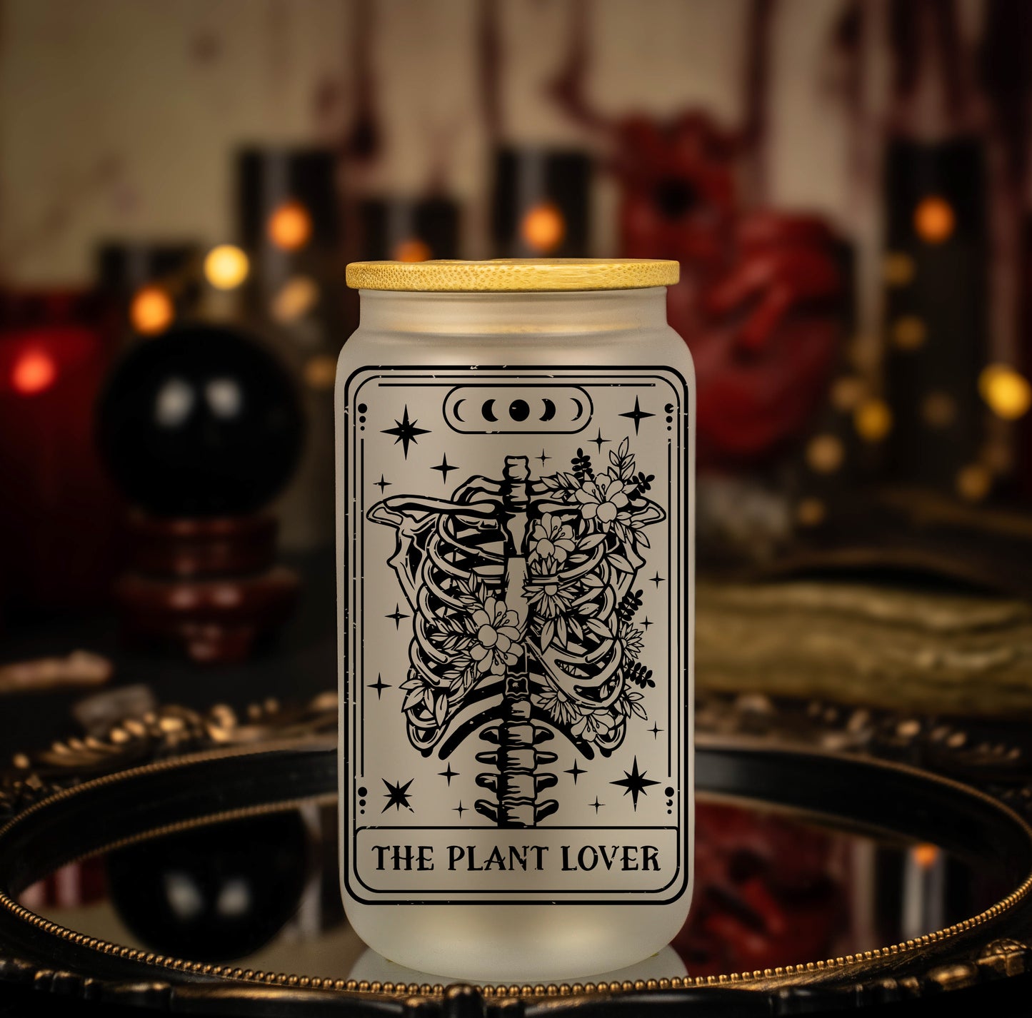 'The Plant Lover' Black Lined Skeleton Tarot Card - 16 oz Frosted Glass Iced Coffee Cup w/ Bamboo lid