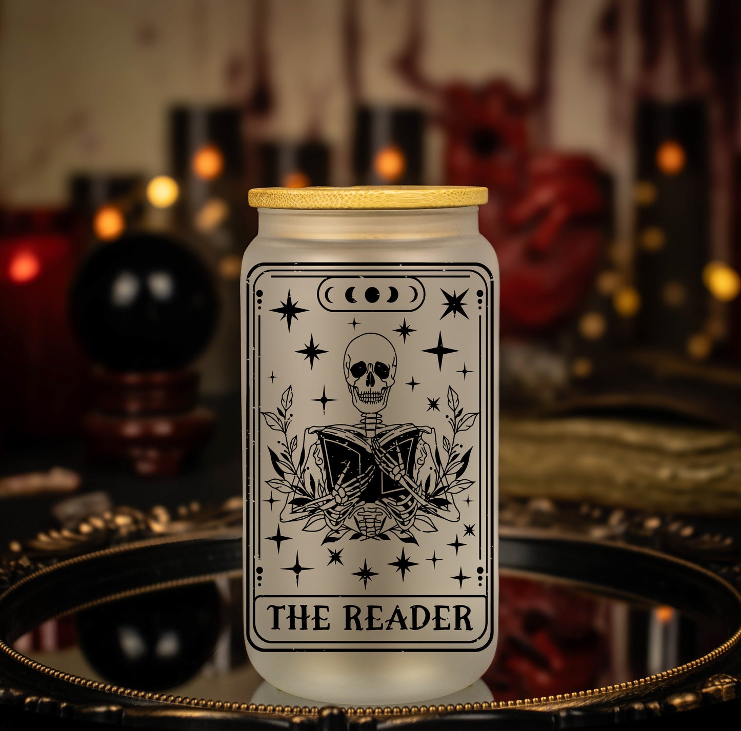 'The Reader' Black Lined Skeleton Tarot Card - 16 oz Frosted Glass Iced Coffee Cup w/ Bamboo lid
