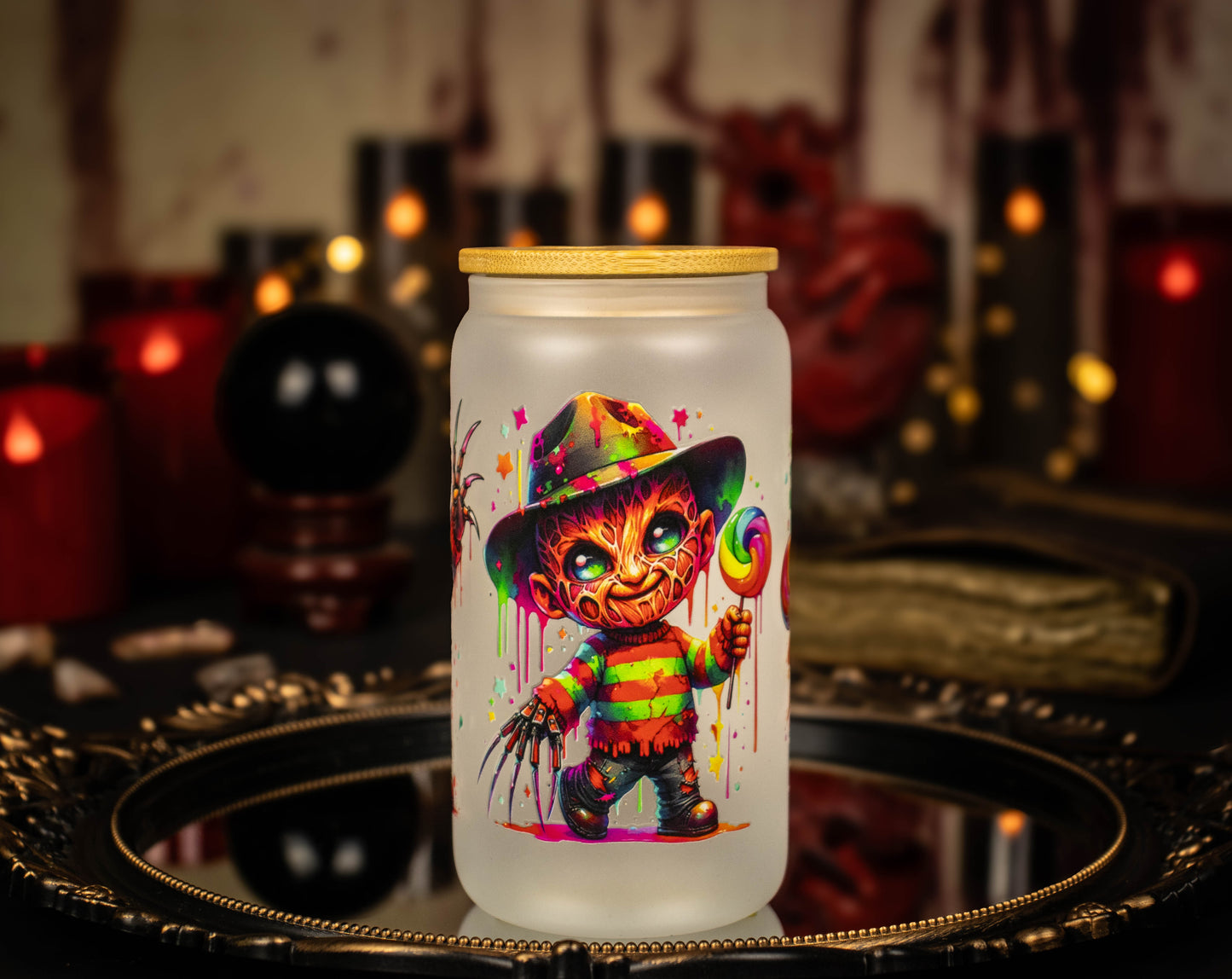 Freddy Kreuger color splash 16 oz Frosted Glass Iced Coffee Cup w/ Bamboo lid