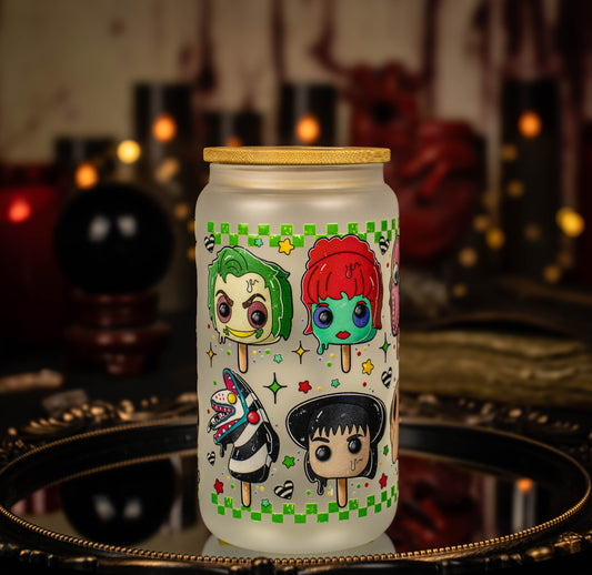Beetlejuice Cartoon Characters - Melting Popsicles - 16 oz Frosted Glass Iced Coffee Cup w/ Bamboo lid