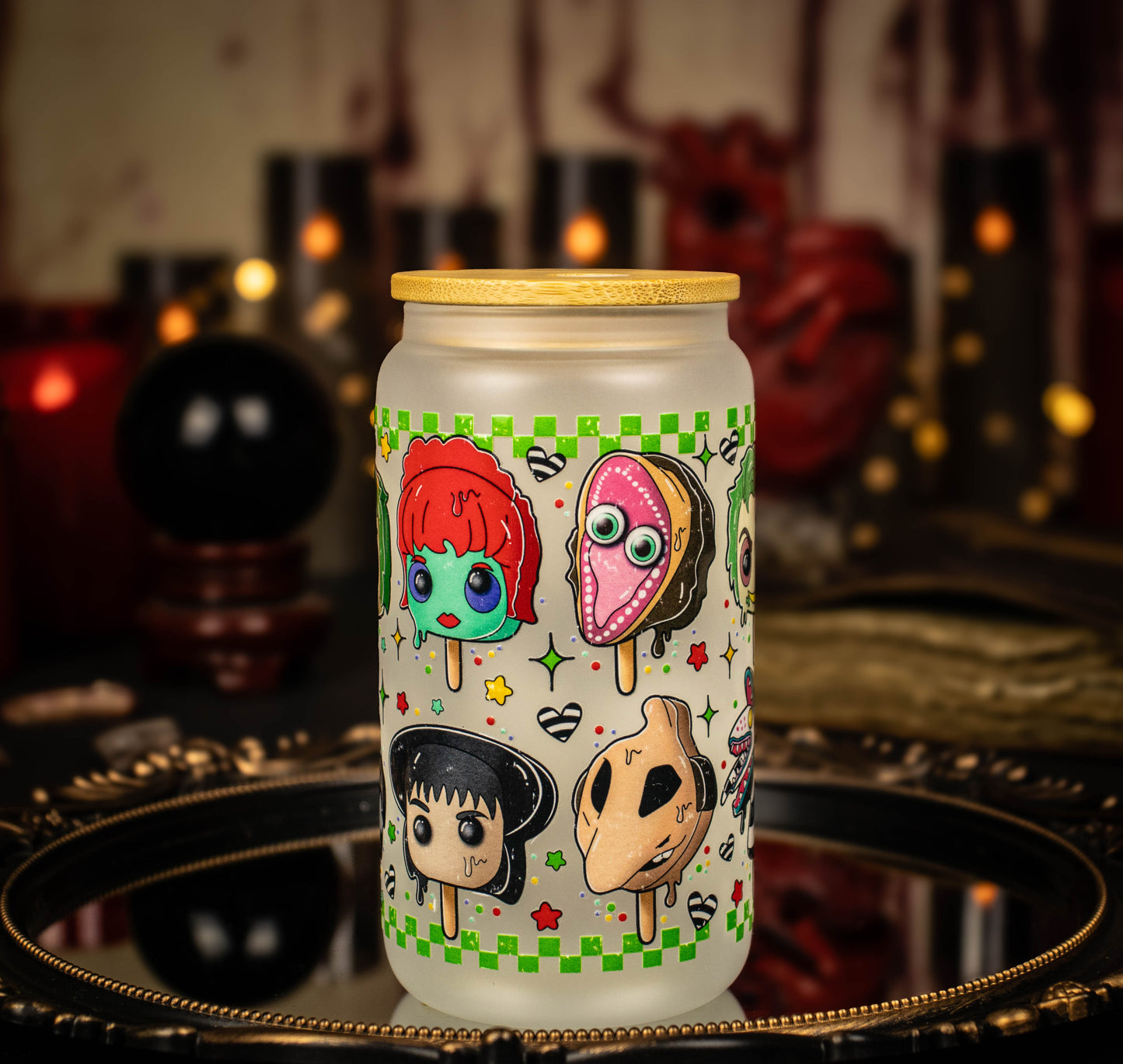 Beetlejuice Cartoon Characters - Melting Popsicles - 16 oz Frosted Glass Iced Coffee Cup w/ Bamboo lid