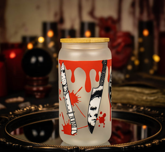 Starbucks Inspired Horror Movie Themed - Bloody Knives - Starbucks inspired- 16 oz Frosted Glass Iced Coffee Cup w/ Bamboo lid