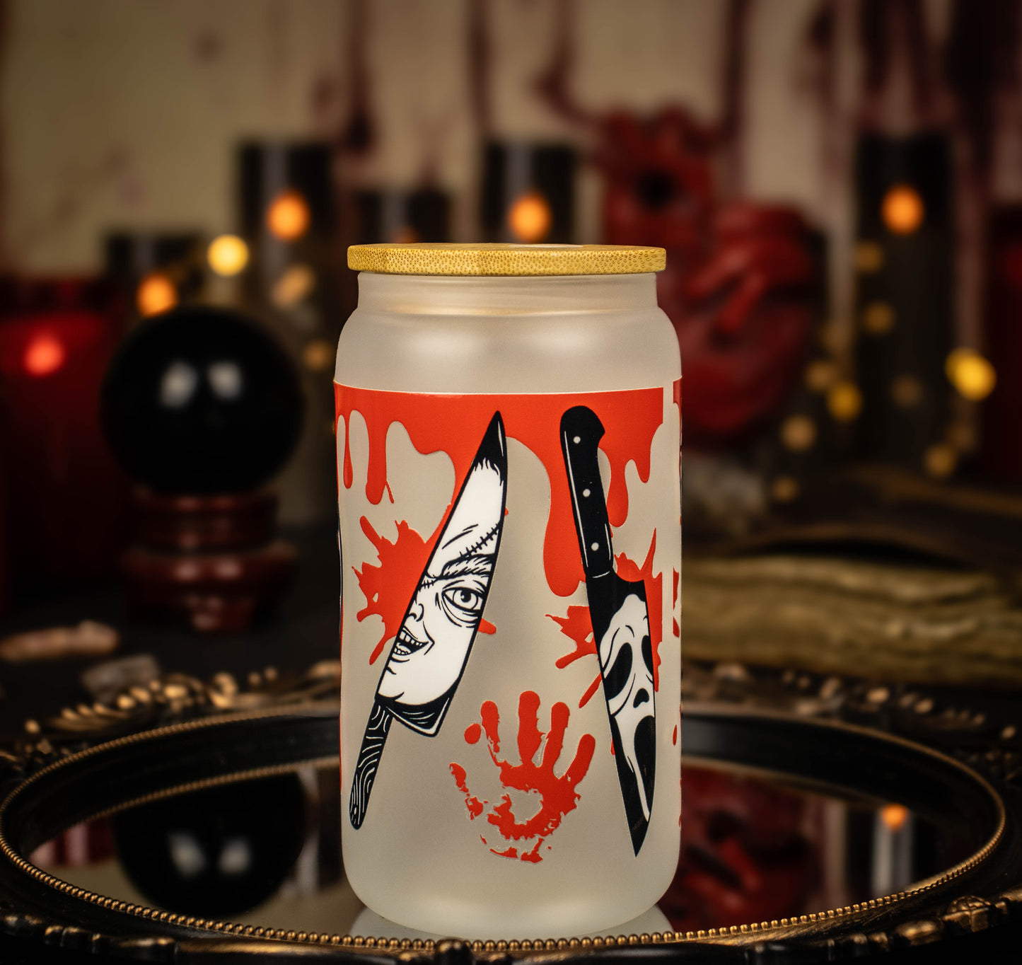 Starbucks Inspired Horror Movie Themed - Bloody Knives - Starbucks inspired- 16 oz Frosted Glass Iced Coffee Cup w/ Bamboo lid