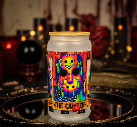 3 Tarot Horror Neon - Full Color - 16 oz Frosted Glass Iced Coffee Cup w/ Bamboo lid
