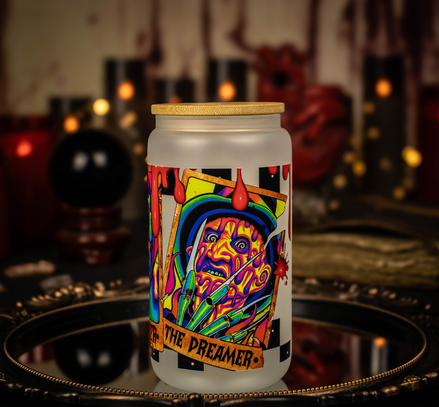 3 Tarot Horror Neon - Full Color - 16 oz Frosted Glass Iced Coffee Cup w/ Bamboo lid