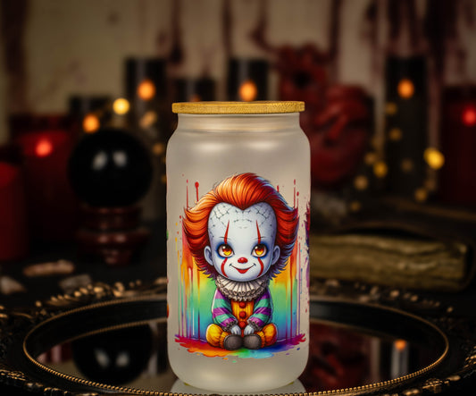 Pennywise the Clown - IT - Color Splash 16 oz Frosted Glass Iced Coffee Cup w/ Bamboo lid