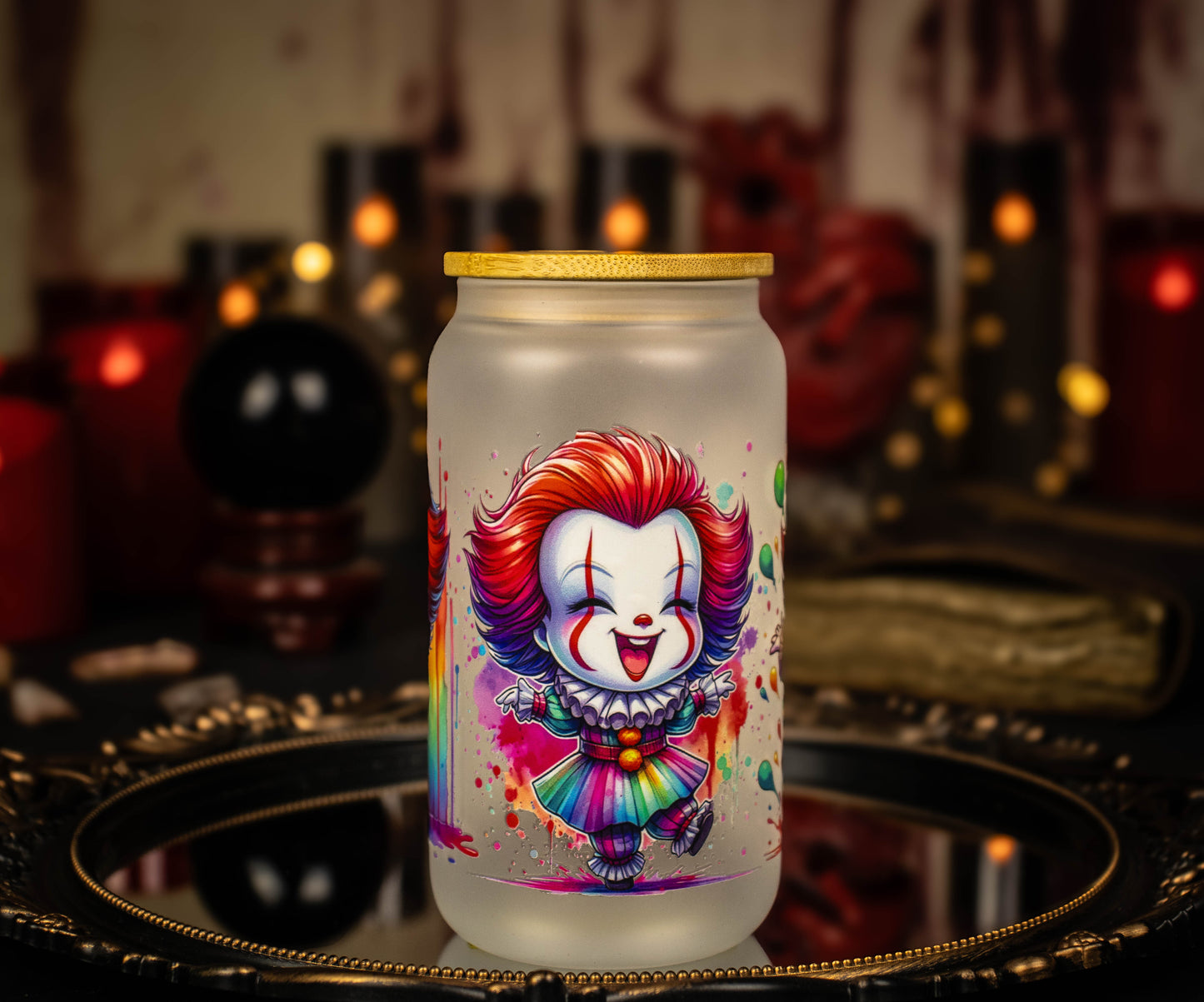 Pennywise the Clown - IT - Color Splash 16 oz Frosted Glass Iced Coffee Cup w/ Bamboo lid