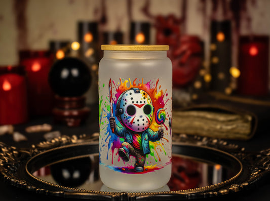 Jason Voorhees color splash 16 oz Frosted Glass Iced Coffee Cup w/ Bamboo lid