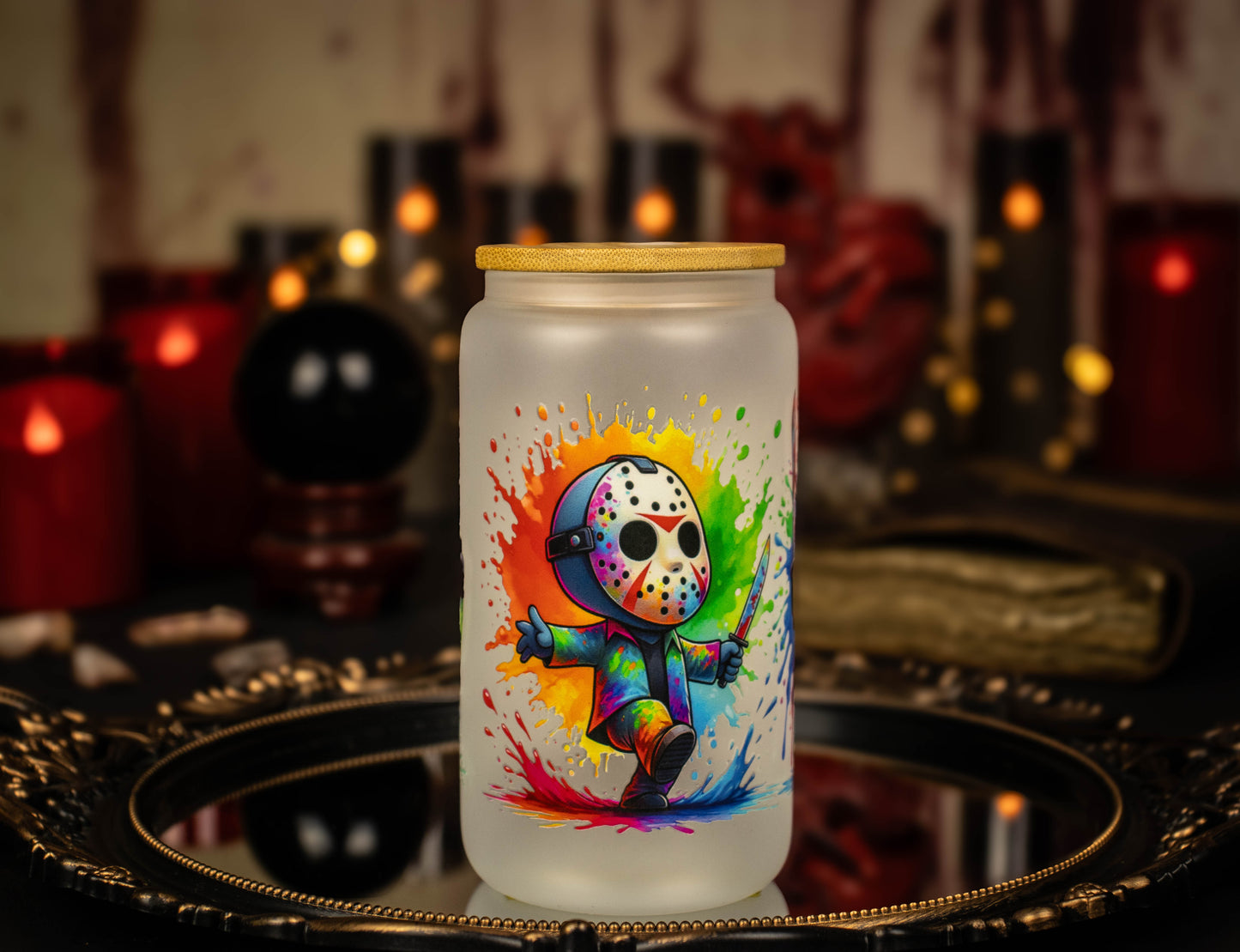 Jason Voorhees color splash 16 oz Frosted Glass Iced Coffee Cup w/ Bamboo lid