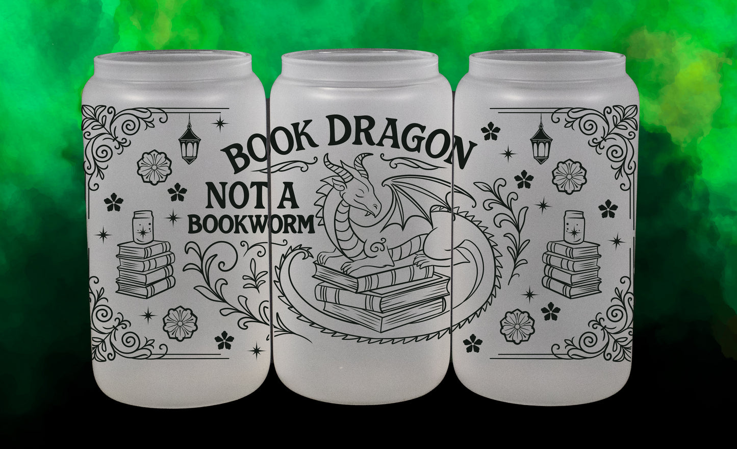 'Book Dragon, Not a Bookworm' - 16 oz Frosted Glass Iced Coffee Cup w/ Bamboo lid - Book Lover