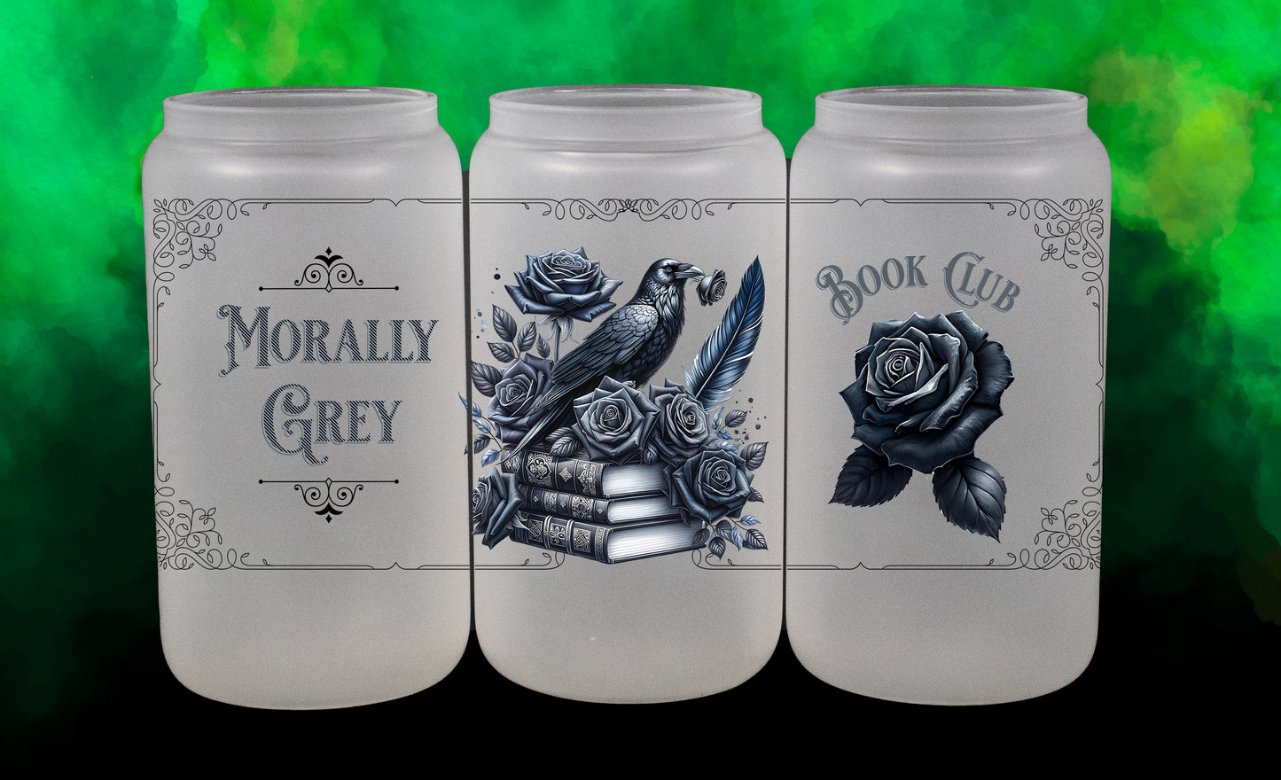 'Morally Grey Book Club' - 16 oz Frosted Glass Iced Coffee Cup w/ Bamboo lid - Book Lover