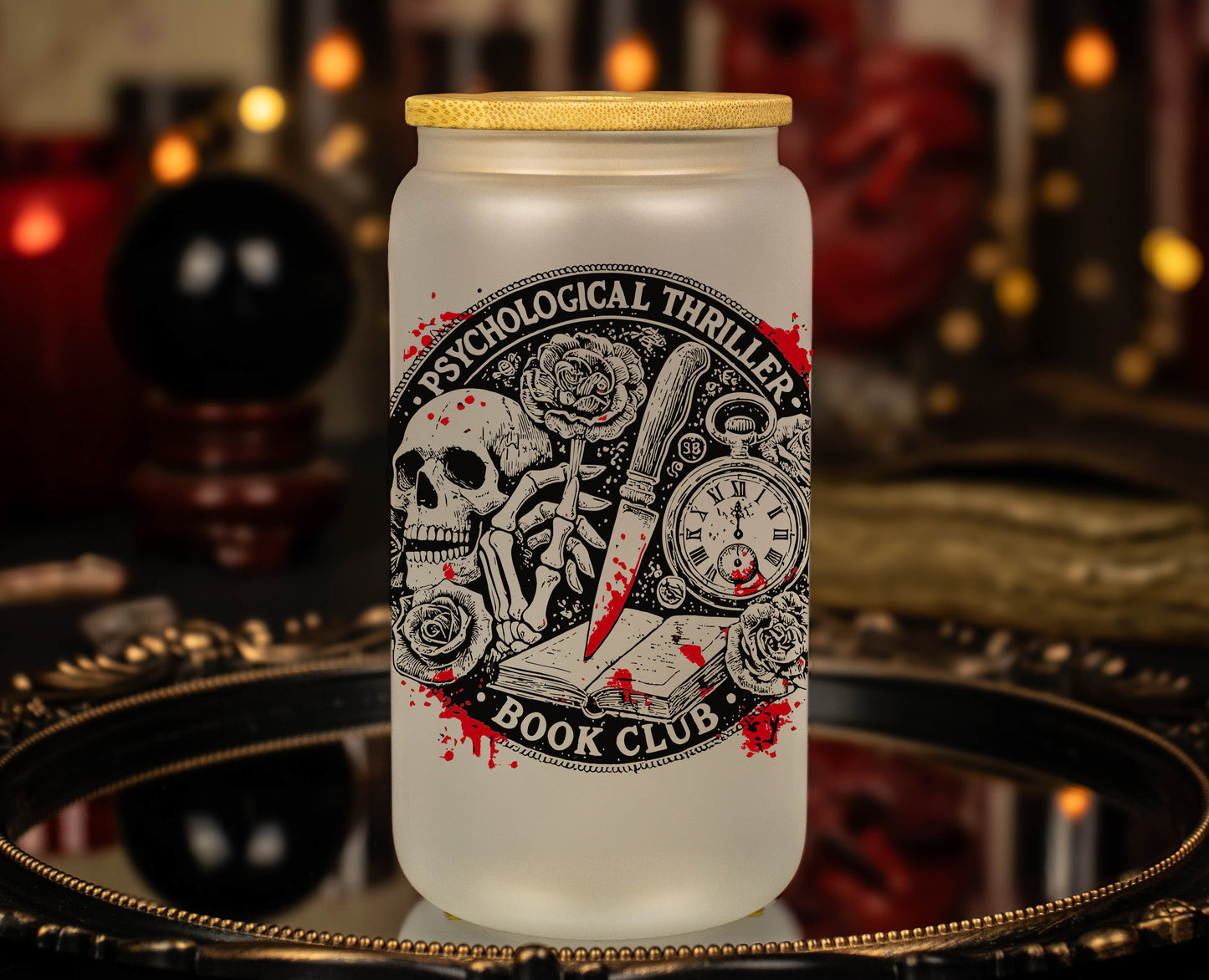 'Psychological Thriller Book Club' - 16 oz Frosted Glass Iced Coffee Cup w/ Bamboo lid - Book Lover