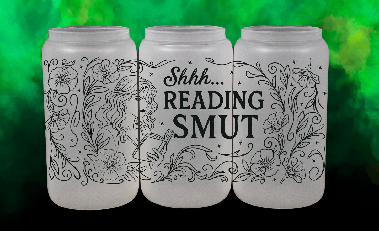 'Shhh I'm Reading Smut' - 16 oz Frosted Glass Iced Coffee Cup w/ Bamboo lid - Book Lover