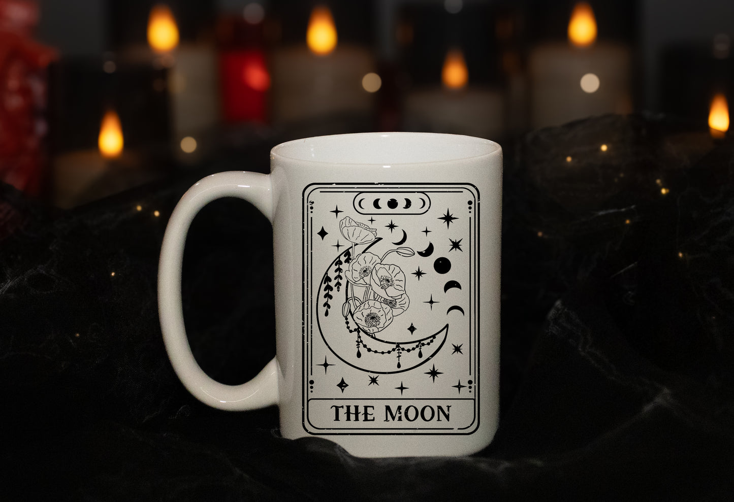 'The Moon' Black Line Skeleton Tarot 15oz Mug - Tarot Card - Spiritual