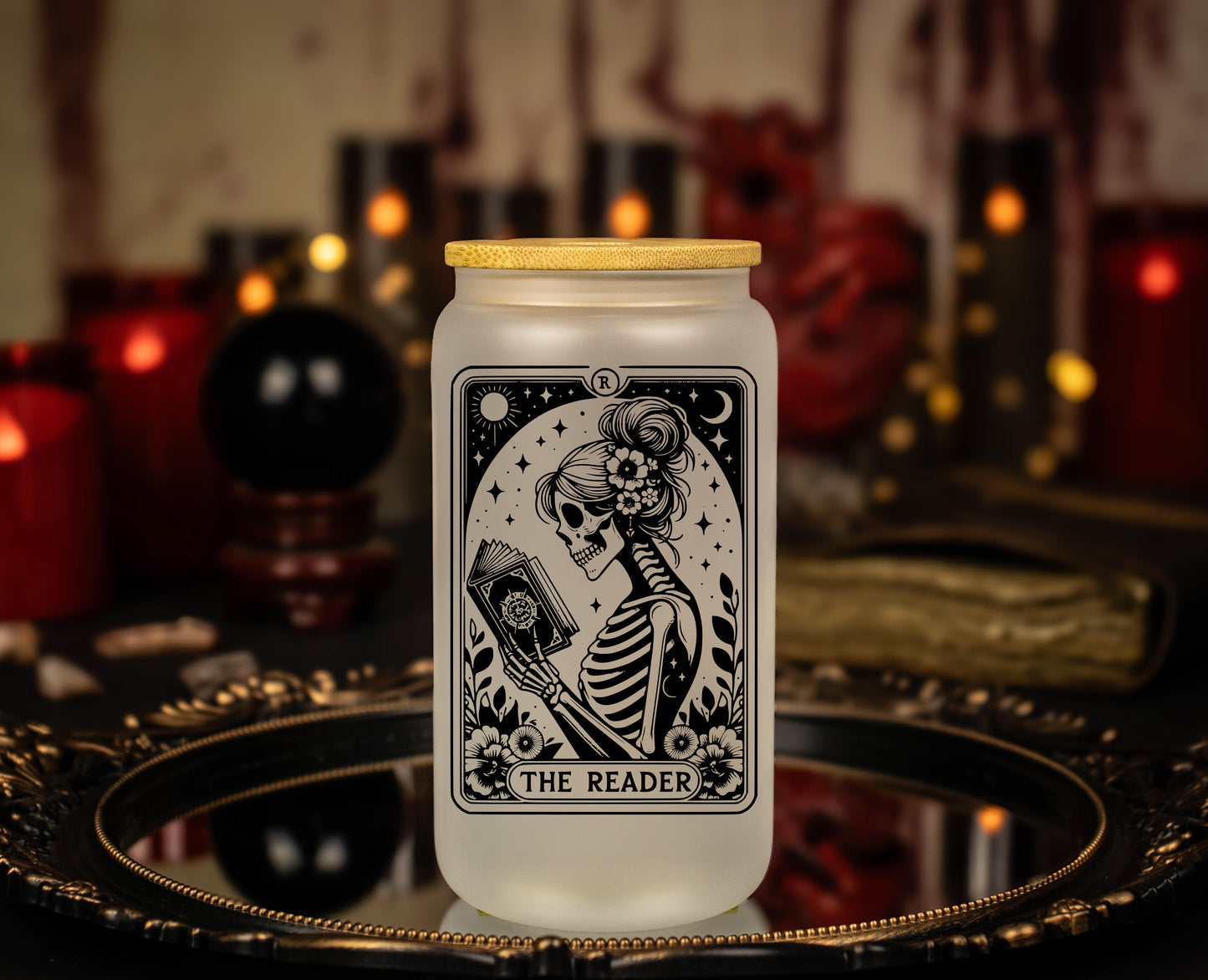 'The Reader' Female - Black Line Skeleton Tarot 16oz Frosted Glass cup - Tarot Card - Spiritual
