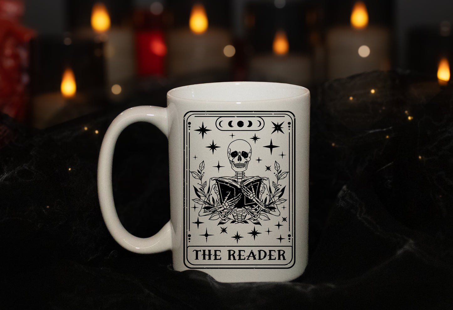 'The Reader' unisex - Black Line Skeleton Tarot 15oz Mug - Tarot Card - Spiritual