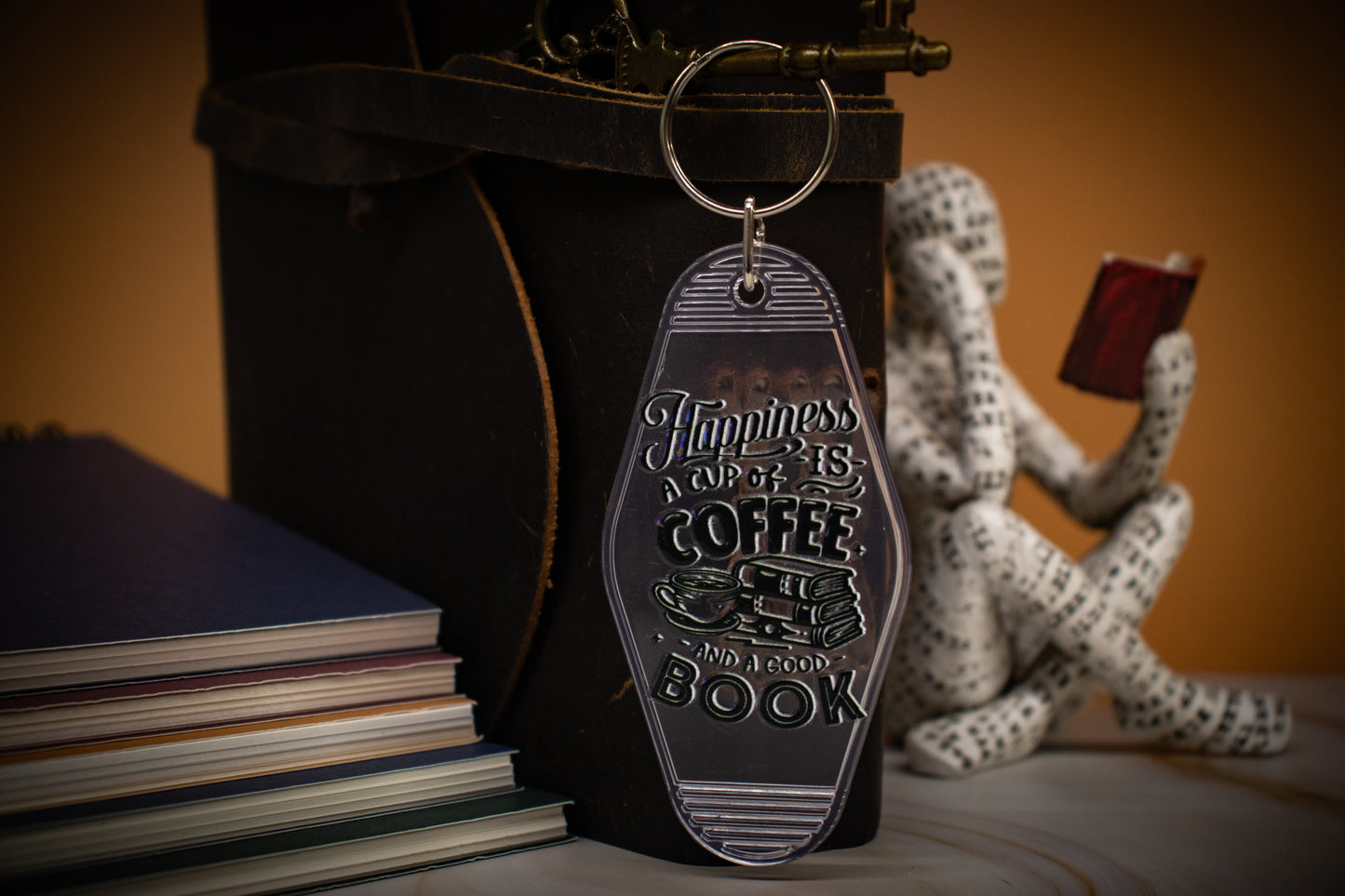 "Happiness Is A Cup of Coffee & A Good Book" Hotel Keychain - Multiple Colors