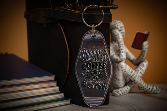 "Happiness Is A Cup of Coffee & A Good Book" Hotel Keychain - Multiple Colors