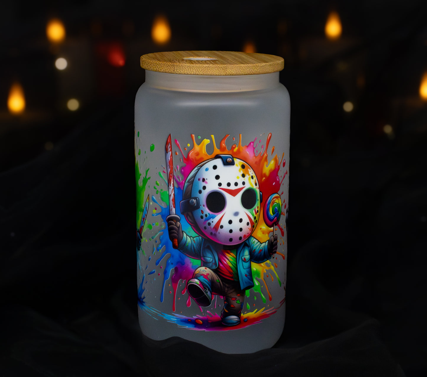Jason Voorhees - Friday the 13th - Design 2 - Color Splash 16 oz Frosted Glass Iced Coffee Cup w/ Bamboo lid