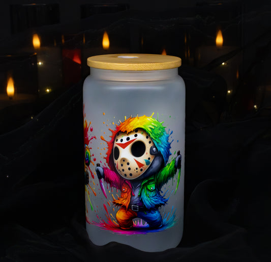 Jason Voorhees - Friday the 13th - Design 2 - Color Splash 16 oz Frosted Glass Iced Coffee Cup w/ Bamboo lid