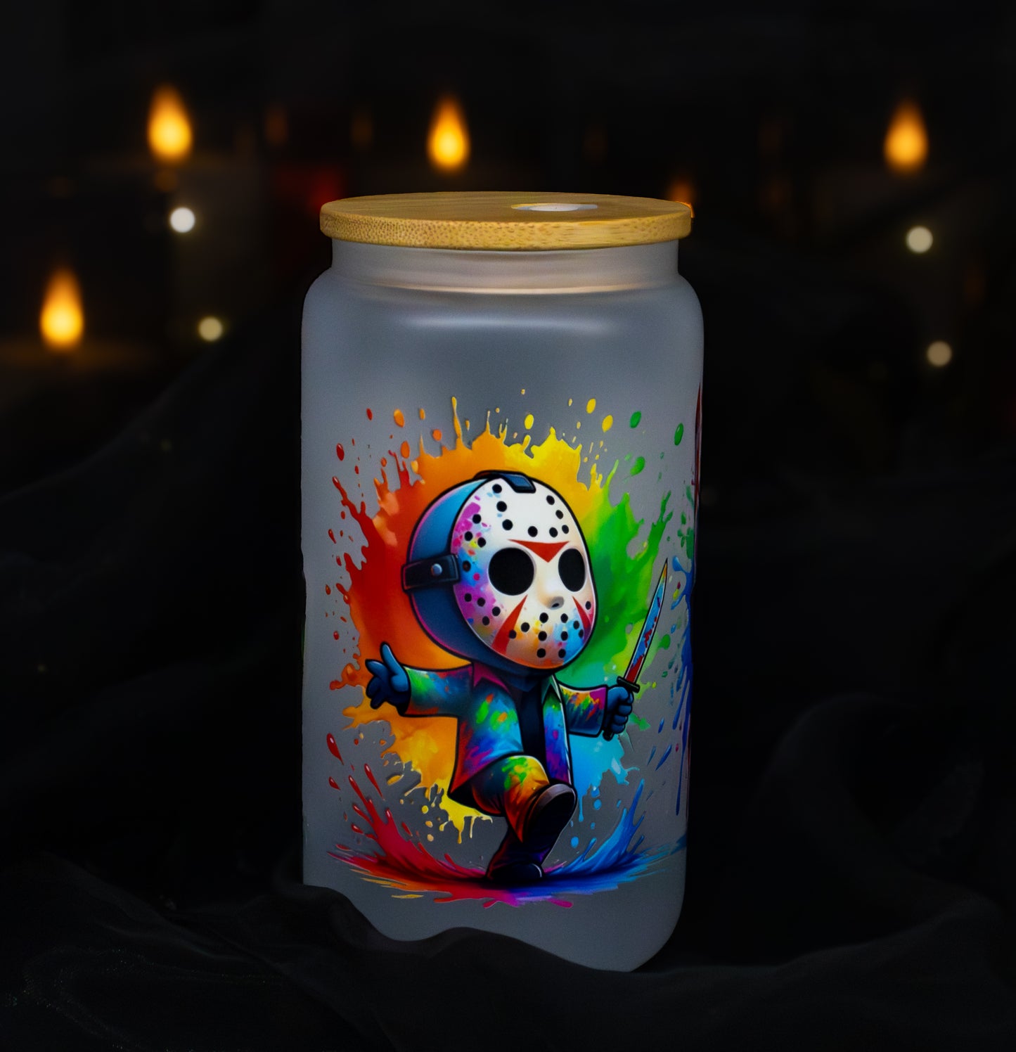 Jason Voorhees - Friday the 13th - Design 2 - Color Splash 16 oz Frosted Glass Iced Coffee Cup w/ Bamboo lid