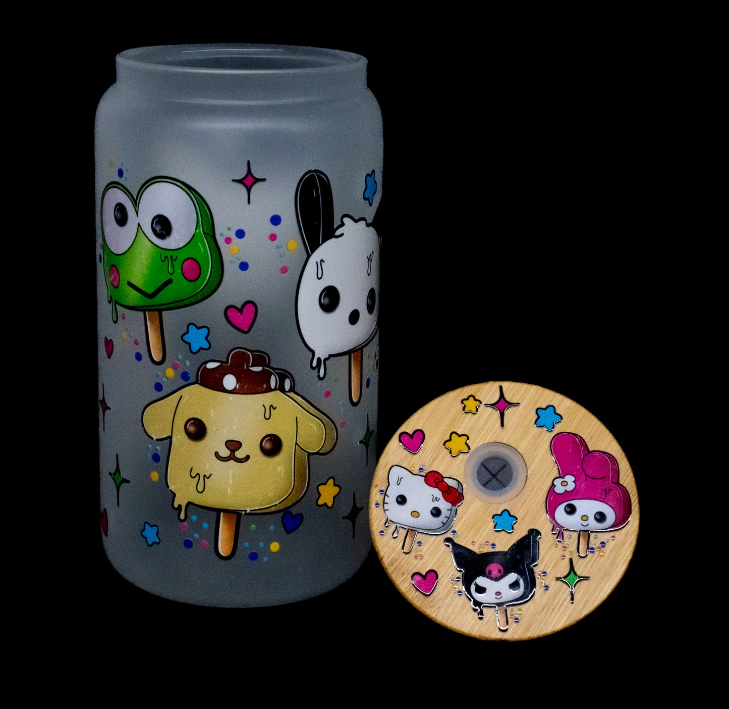 Hello Kitty Characters - Melting Popsicles - 16 oz Frosted Glass Iced Coffee Cup w/ Bamboo lid
