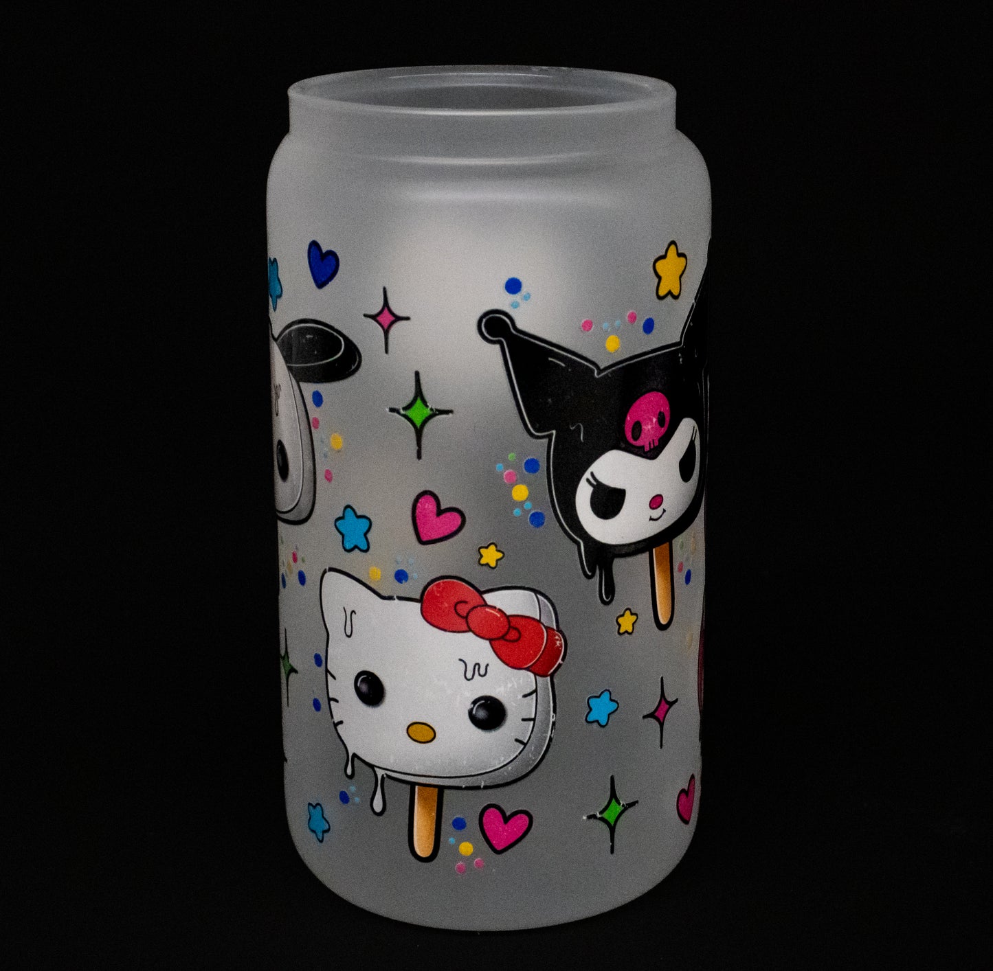 Hello Kitty Characters - Melting Popsicles - 16 oz Frosted Glass Iced Coffee Cup w/ Bamboo lid
