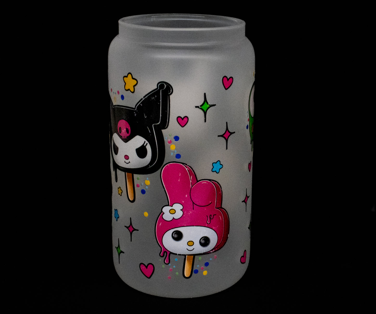 Hello Kitty Characters - Melting Popsicles - 16 oz Frosted Glass Iced Coffee Cup w/ Bamboo lid
