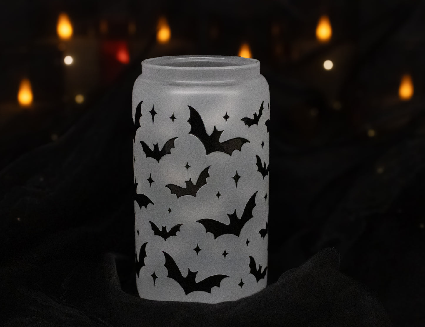Black Bat Silhouette - Halloween - 16 oz Frosted Glass Iced Coffee Cup w/ Bamboo lid