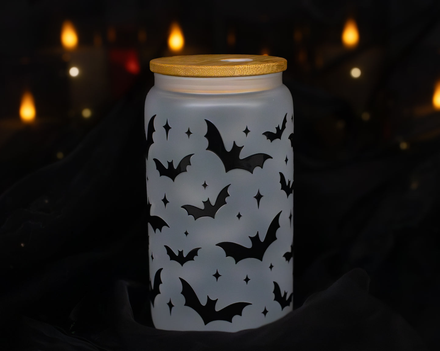 Black Bat Silhouette - Halloween - 16 oz Frosted Glass Iced Coffee Cup w/ Bamboo lid