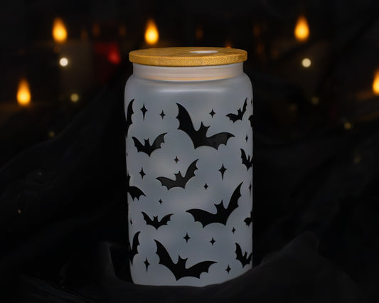 Black Bat Silhouette - Halloween - 16 oz Frosted Glass Iced Coffee Cup w/ Bamboo lid