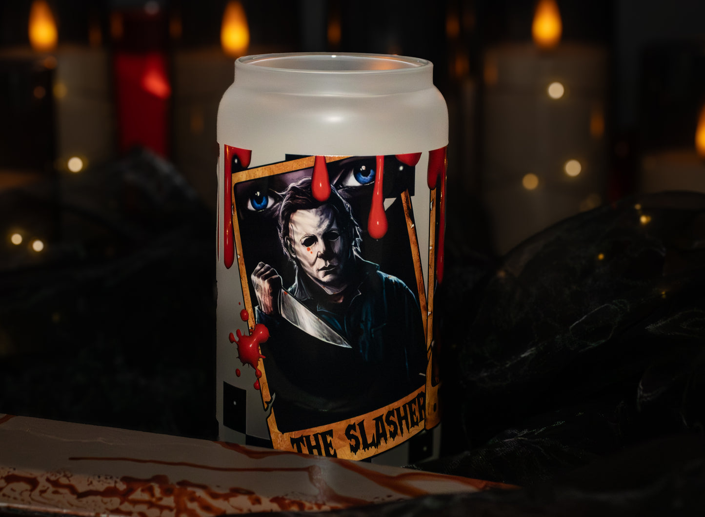 3 Tarot Horror - Blood Drip -  Full Color - 16 oz Frosted Glass Iced Coffee Cup w/ Bamboo lid