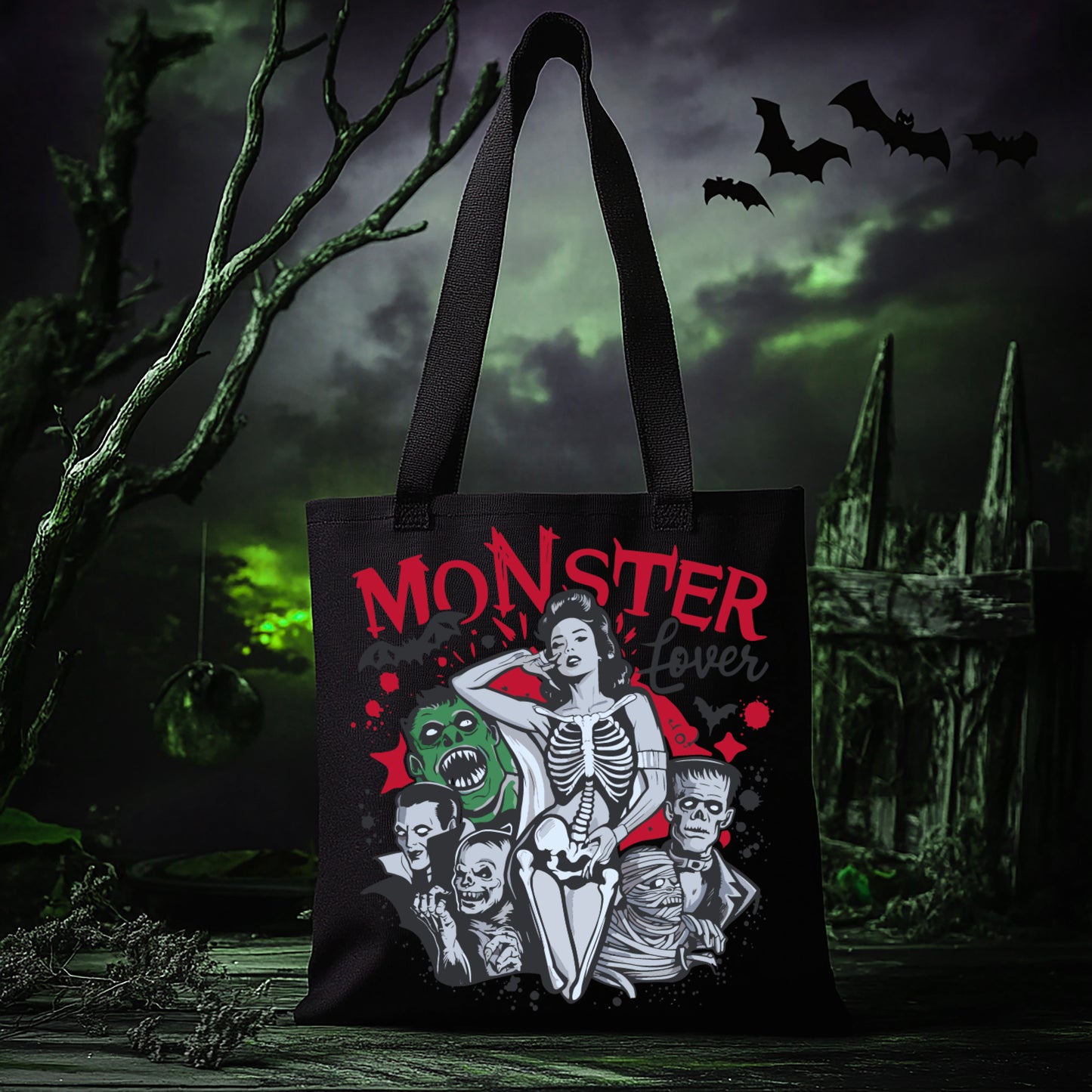 Monster Lover - Halloween Tote Bag -Vintage-Cute & Creepy-pinup-psychobilly-Rockabilly-spooky-gore