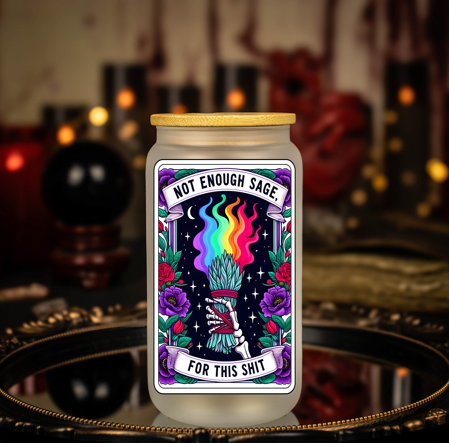 Not Enough Sage for This Sh** Tarot Card - Full Color - 16 oz Frosted Glass Iced Coffee Cup w/ Bamboo lid
