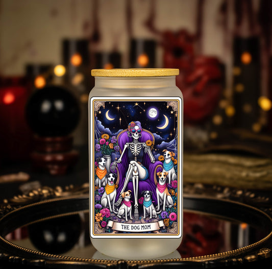 'The Dog Mom' Tarot Card - Full Color - 16 oz Frosted Glass Iced Coffee Cup w/ Bamboo lid