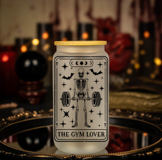 'The Gym Lover' Black Lined Skeleton Tarot Card - 16 oz Frosted Glass Iced Coffee Cup w/ Bamboo lid