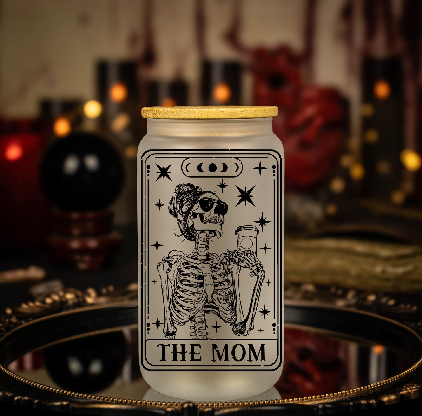 'The Mom' Black Lined Skeleton Tarot Card - 16 oz Frosted Glass Iced Coffee Cup w/ Bamboo lid