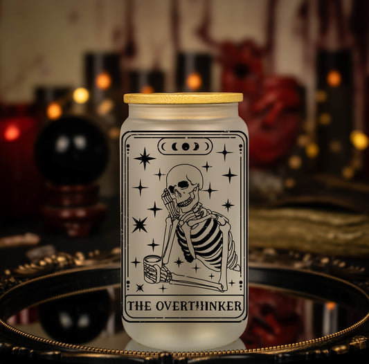 'The Overthinker' Black Lined Skeleton Tarot Card - 16 oz Frosted Glass Iced Coffee Cup w/ Bamboo lid