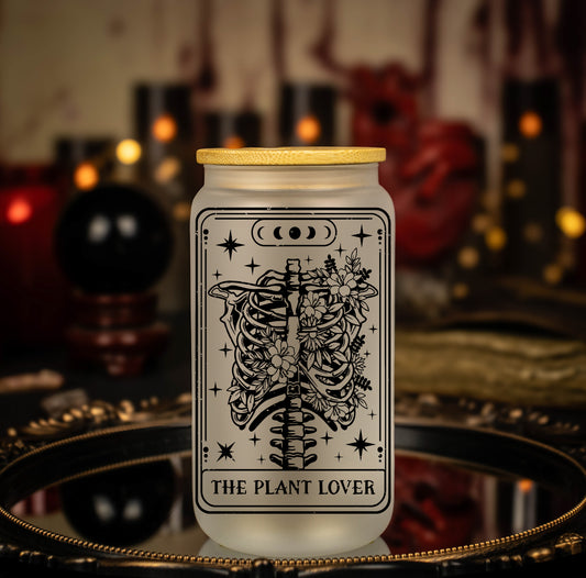 'The Plant Lover' Black Lined Skeleton Tarot Card - 16 oz Frosted Glass Iced Coffee Cup w/ Bamboo lid