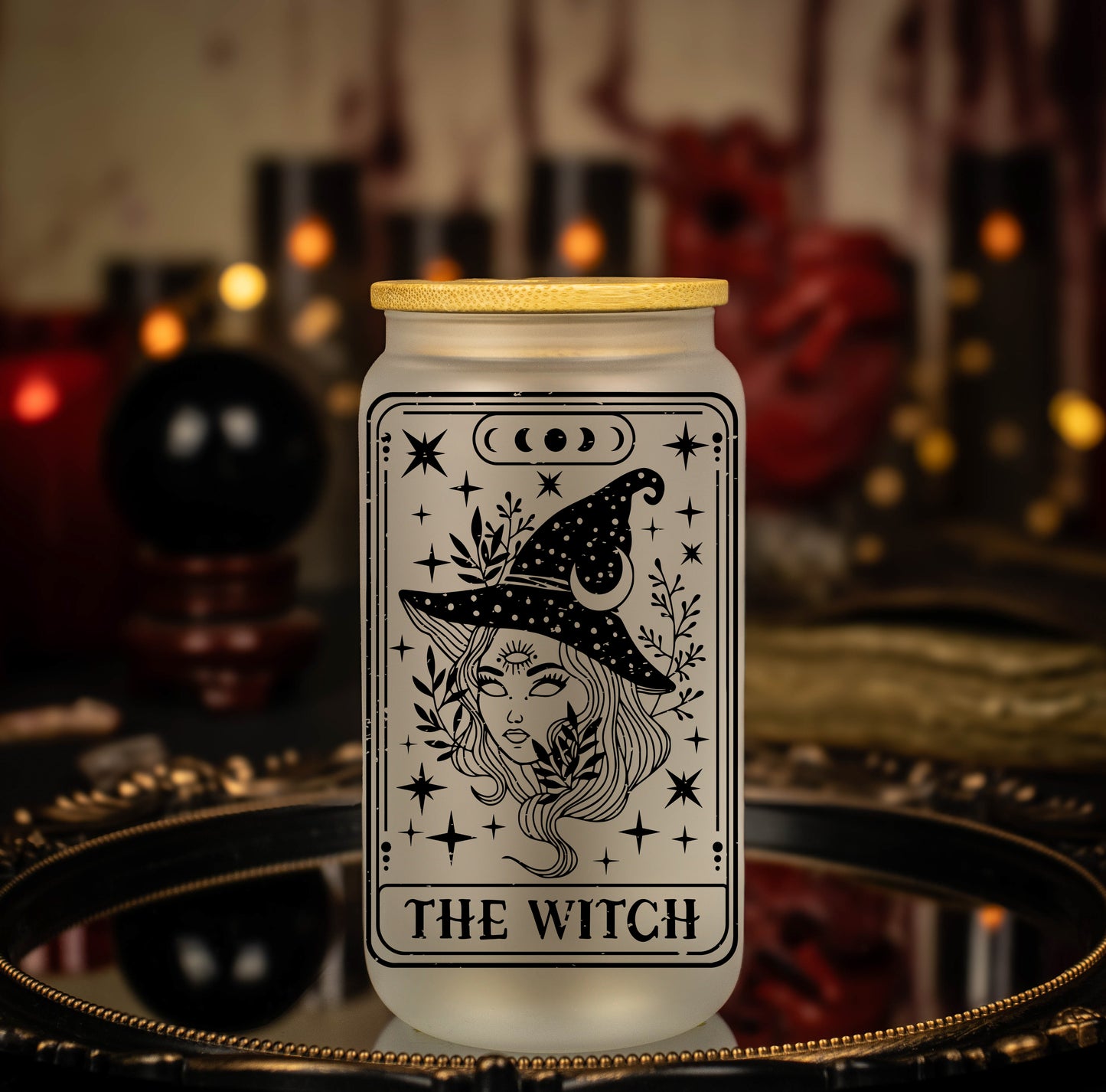 'The Witch' Black Lined Skeleton Tarot Card - 16 oz Frosted Glass Iced Coffee Cup w/ Bamboo lid