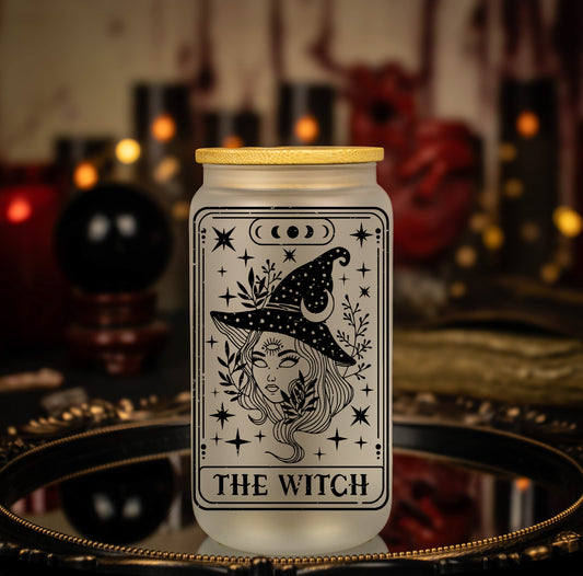 'The Witch' Black Lined Skeleton Tarot Card - 16 oz Frosted Glass Iced Coffee Cup w/ Bamboo lid