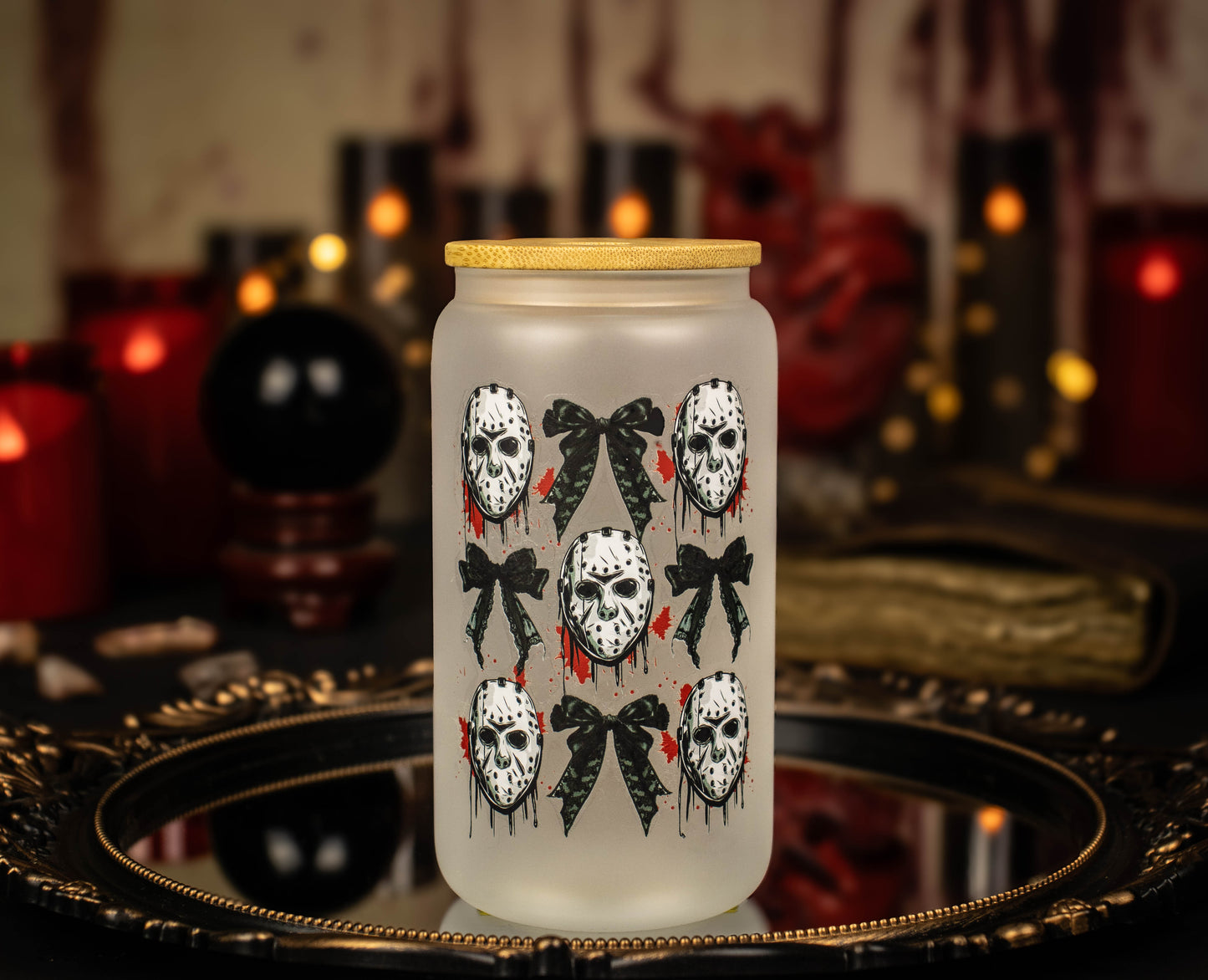 Jason Voorhees Coquette - Friday the 13th - 16 oz Frosted Glass Iced Coffee Cup w/ Bamboo lid