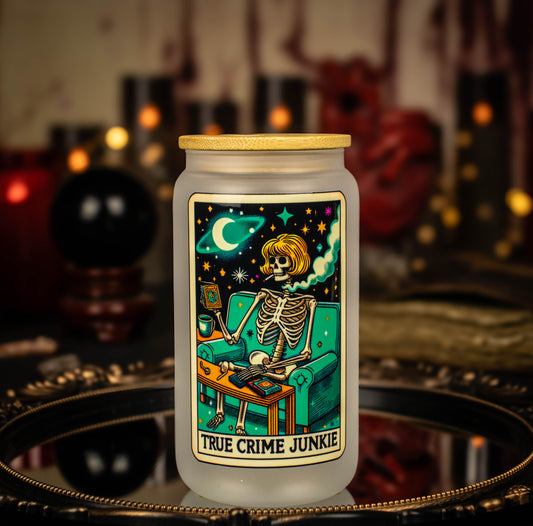 True Crime Junkie Tarot - Full Color 16 oz Frosted Glass Iced Coffee Cup w/ Bamboo lid