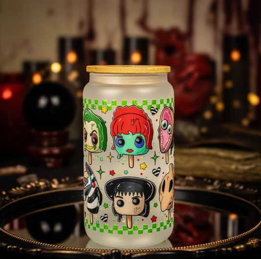 Beetlejuice Cartoon Characters - Melting Popsicles - 16 oz Frosted Glass Iced Coffee Cup w/ Bamboo lid