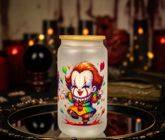 Pennywise the Clown - IT - Color Splash 16 oz Frosted Glass Iced Coffee Cup w/ Bamboo lid